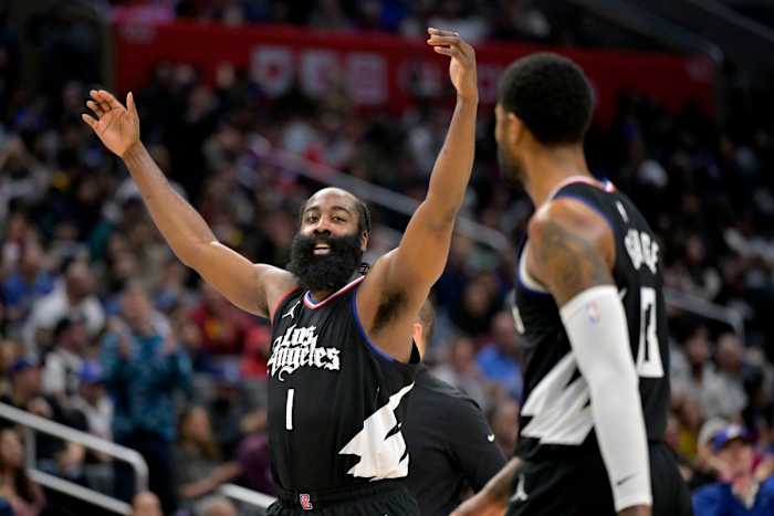 Los Angeles Clippers guard James Harden (1) waves to the crowd after a basket in the second half against the Detroit Pistons at Crypto.com Arena in Los Angeles on Feb. 10, 2024.